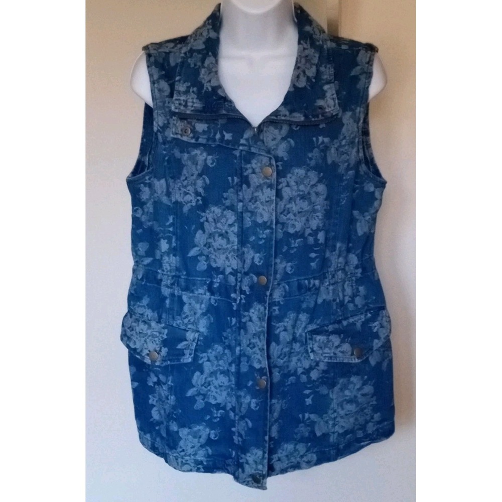 Hannah Petite Blue Floral Denim Utility Vest Sleeveless Jacket PM